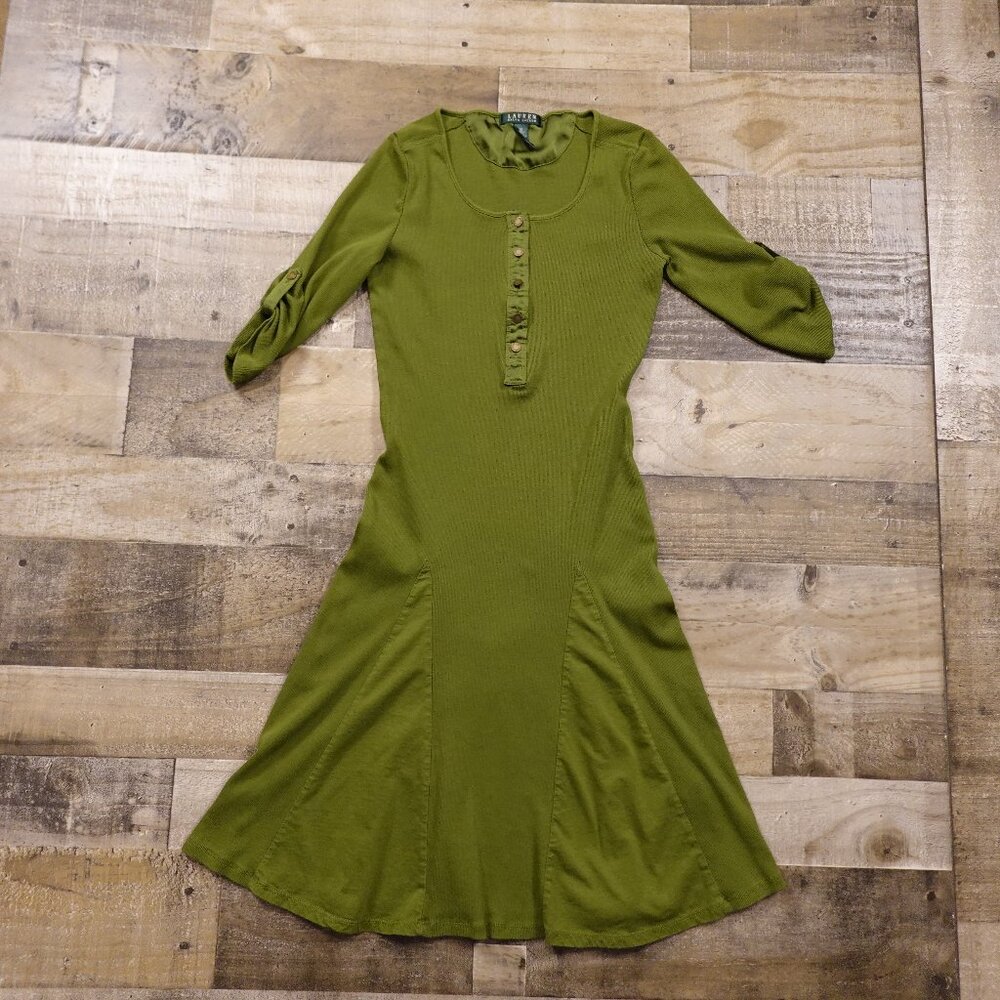 Lauren Ralph Lauren Women’s Ribbed Knit Dress Medium Olive Green Button Front